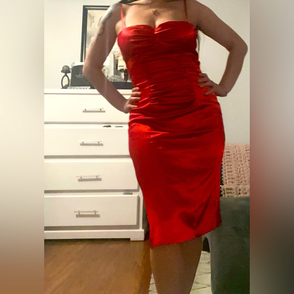 Sexy satin Red Ruched Dress